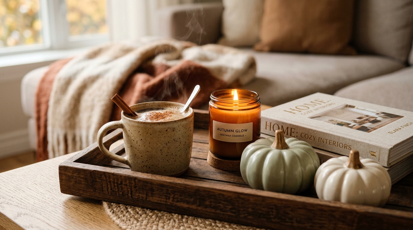 Aesthetic autumn coffee table styling featuring a dark wood tray, burning beeswax candle in amber glass, ceramic mug with cinnamon, and pale sage mini pumpkins