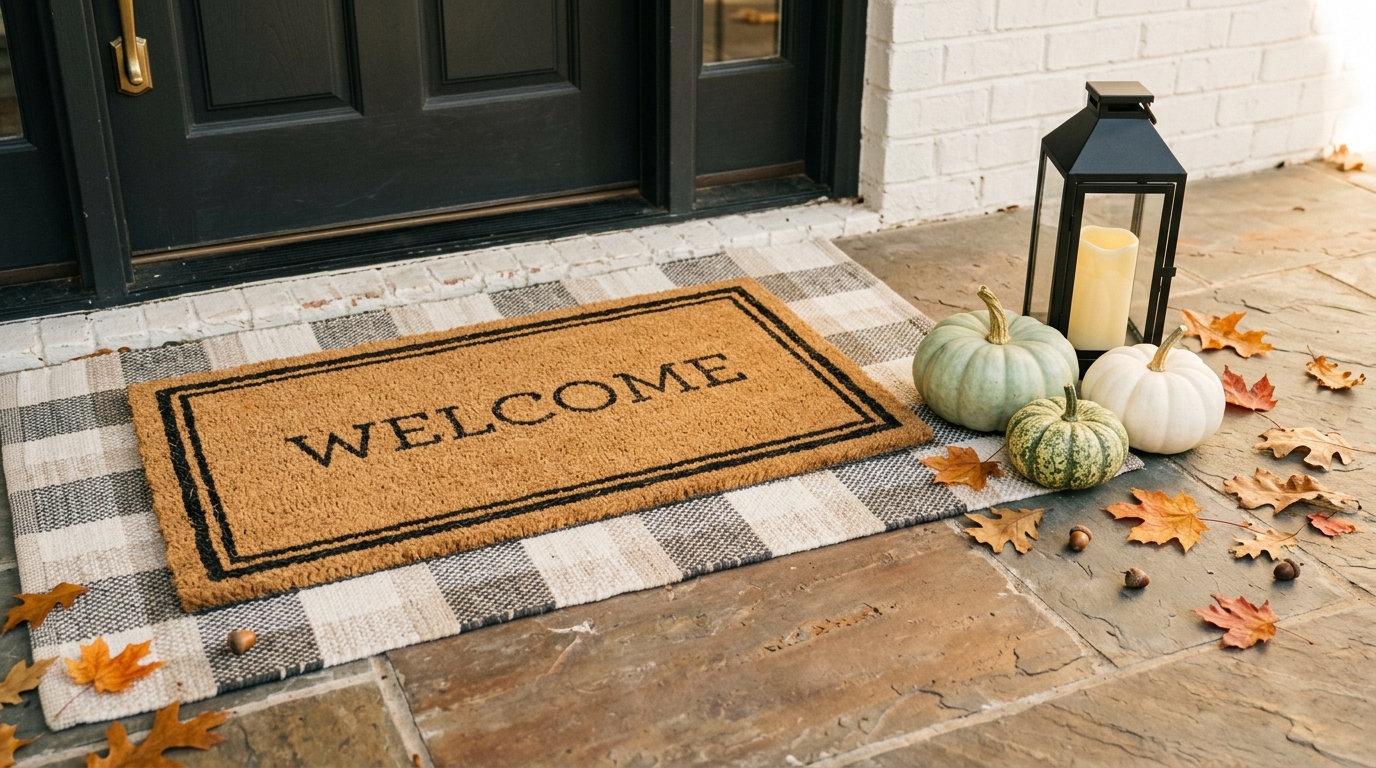 Close up of layered front porch doormat with natural coir welcome mat over neutral checkered runner flanked by pale heirloom pumpkins and black lantern