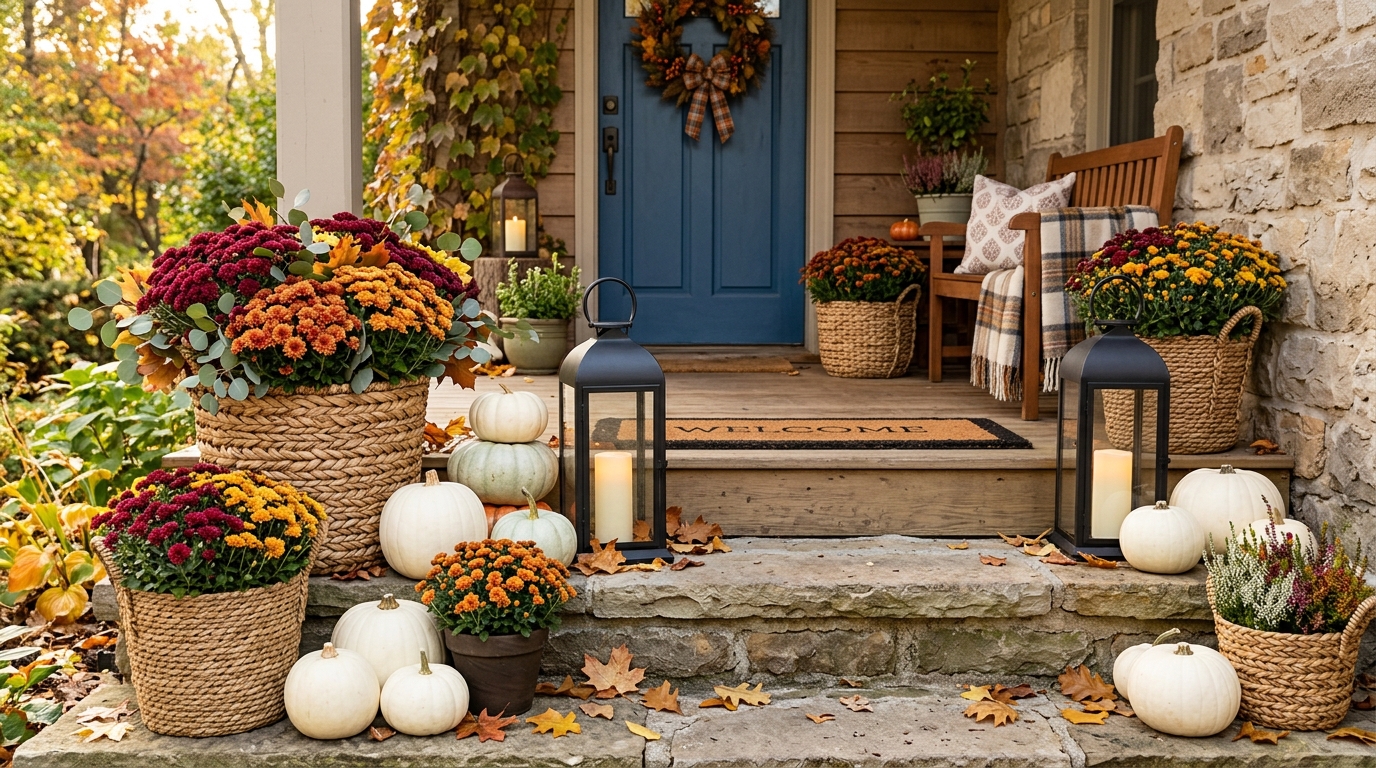 Front porch steps styled with blooming burgundy and bronze chrysanthemums in woven baskets beside matte black lanterns and white pumpkins