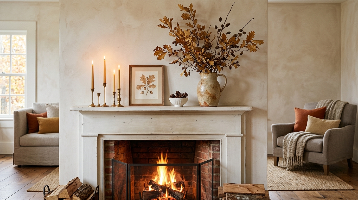 Minimalist autumn fireplace mantel decorated with foraged dried oak branches in an earthenware jug, brass taper candles, and warm hearth fire