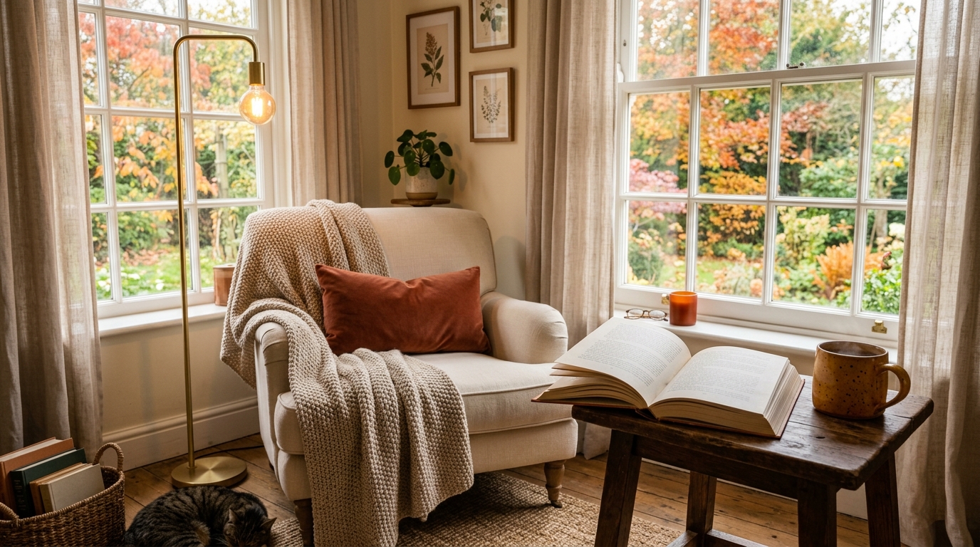 Cozy fall reading nook with cream armchair, chunky knit oat throw blanket, burnt rust velvet pillow, and brass floor reading lamp