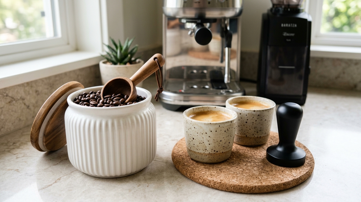 Close up of kitchen coffee bar organization with white fluted ceramic coffee bean canister wooden scoop and speckled espresso cups on cork mat