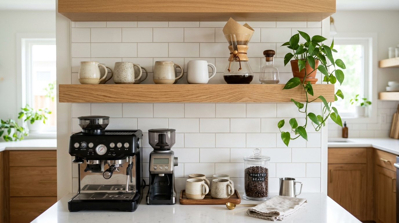 White oak floating shelf mounted over kitchen counter displaying ceramic coffee mugs Chemex dripper glass bean jar and trailing green pothos plant