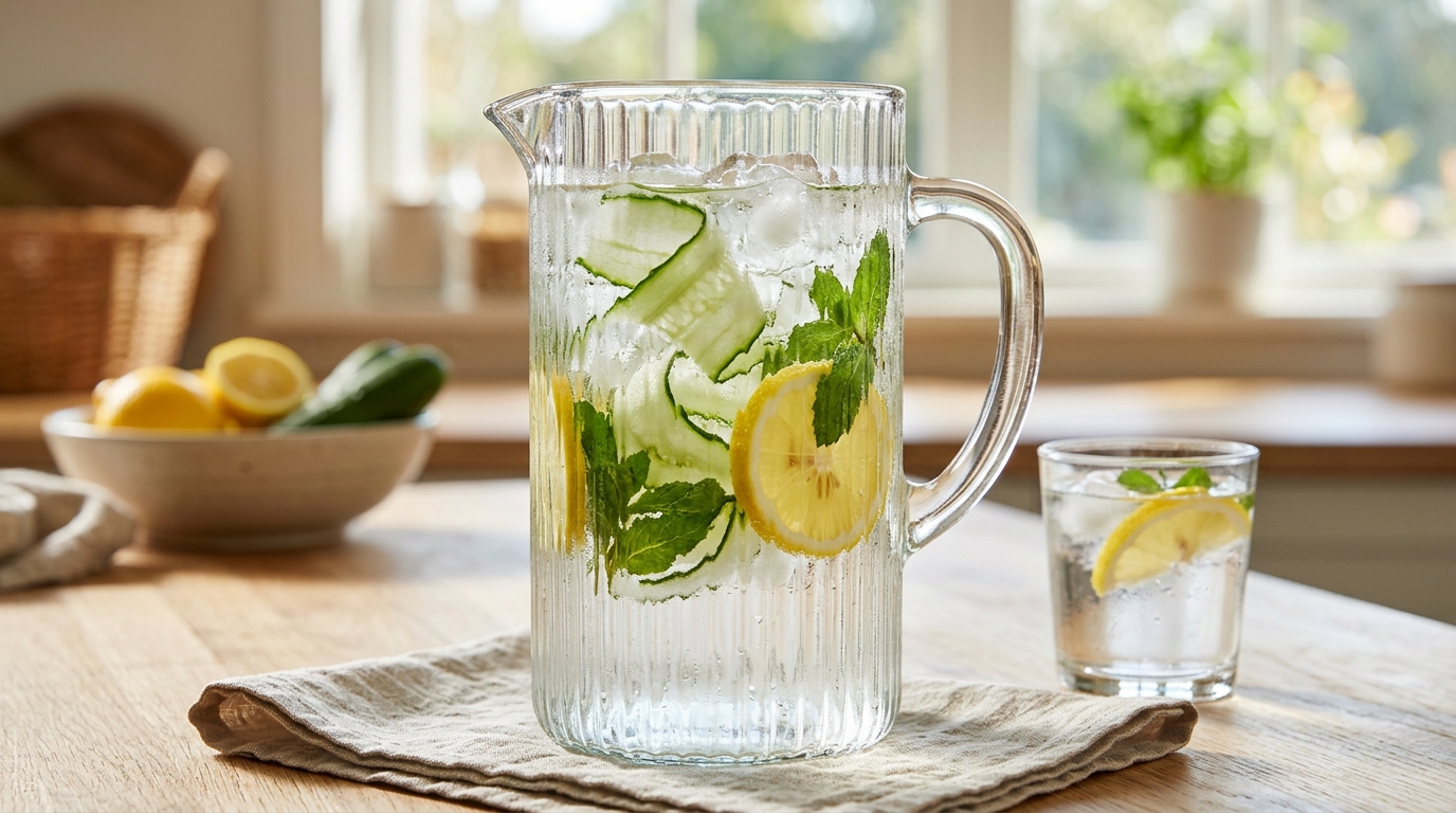 Clear ribbed glass pitcher filled with cold water ice cucumber ribbons sliced lemons and fresh mint sprigs on sunlit kitchen table