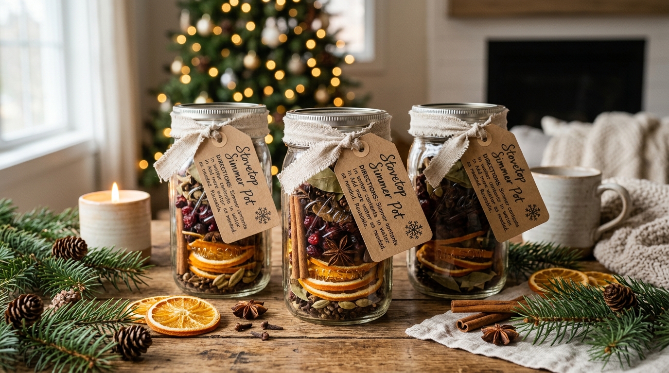 DIY holiday stovetop simmer pot gift jars in mason jars with dehydrated orange slices cinnamon sticks cranberries and kraft paper tags