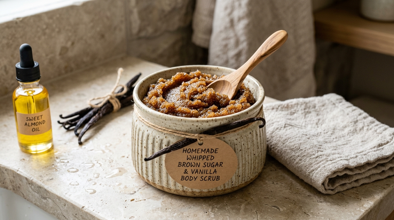 Ribbed ceramic jar of homemade whipped brown sugar and vanilla body scrub with wooden spoon almond oil and vanilla beans on bathroom vanity
