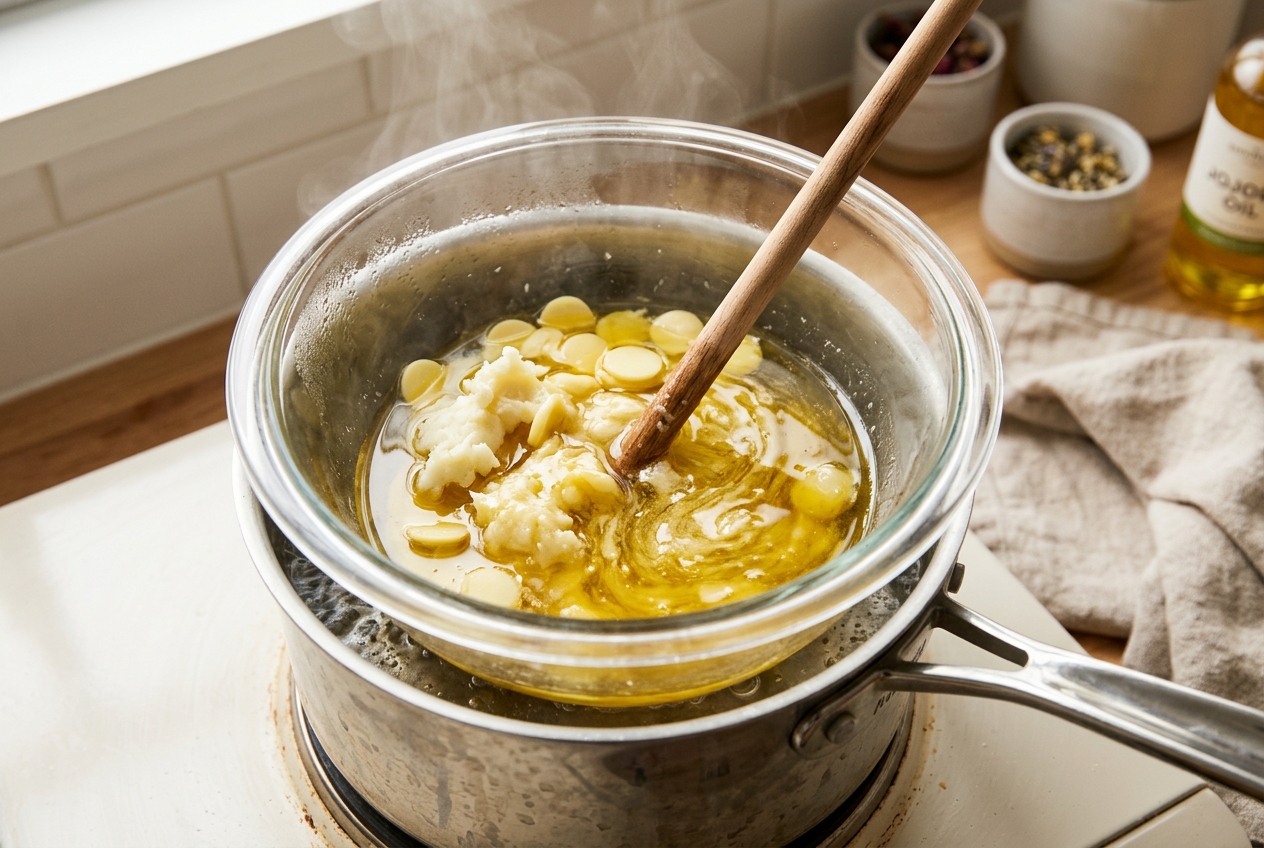 Organic unrefined ivory shea butter and golden cocoa butter wafers melting gently in a glass double boiler bowl on a stainless steel pot with steam rising