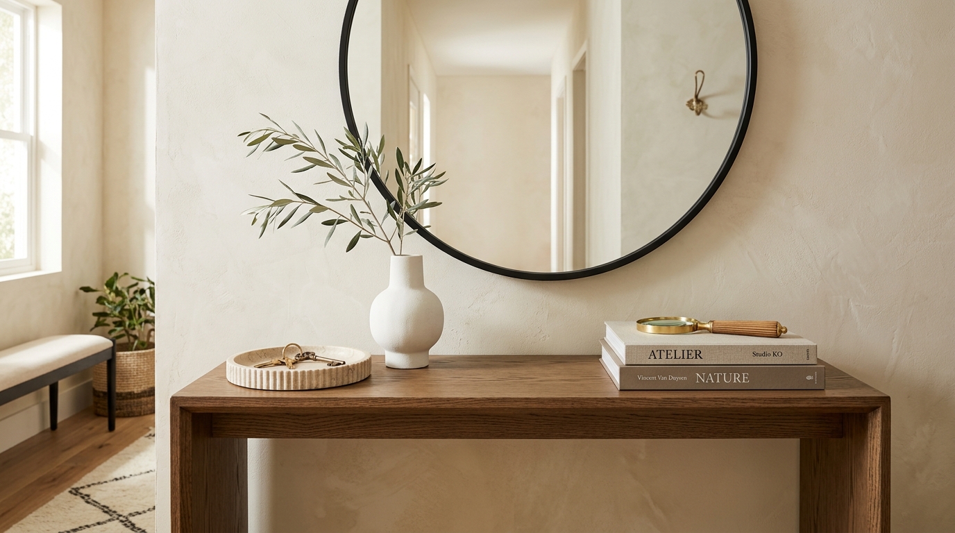 Modern minimalist oak console table styled with round black mirror fluted travertine tray textured ceramic vase with olive branch and stacked architecture books