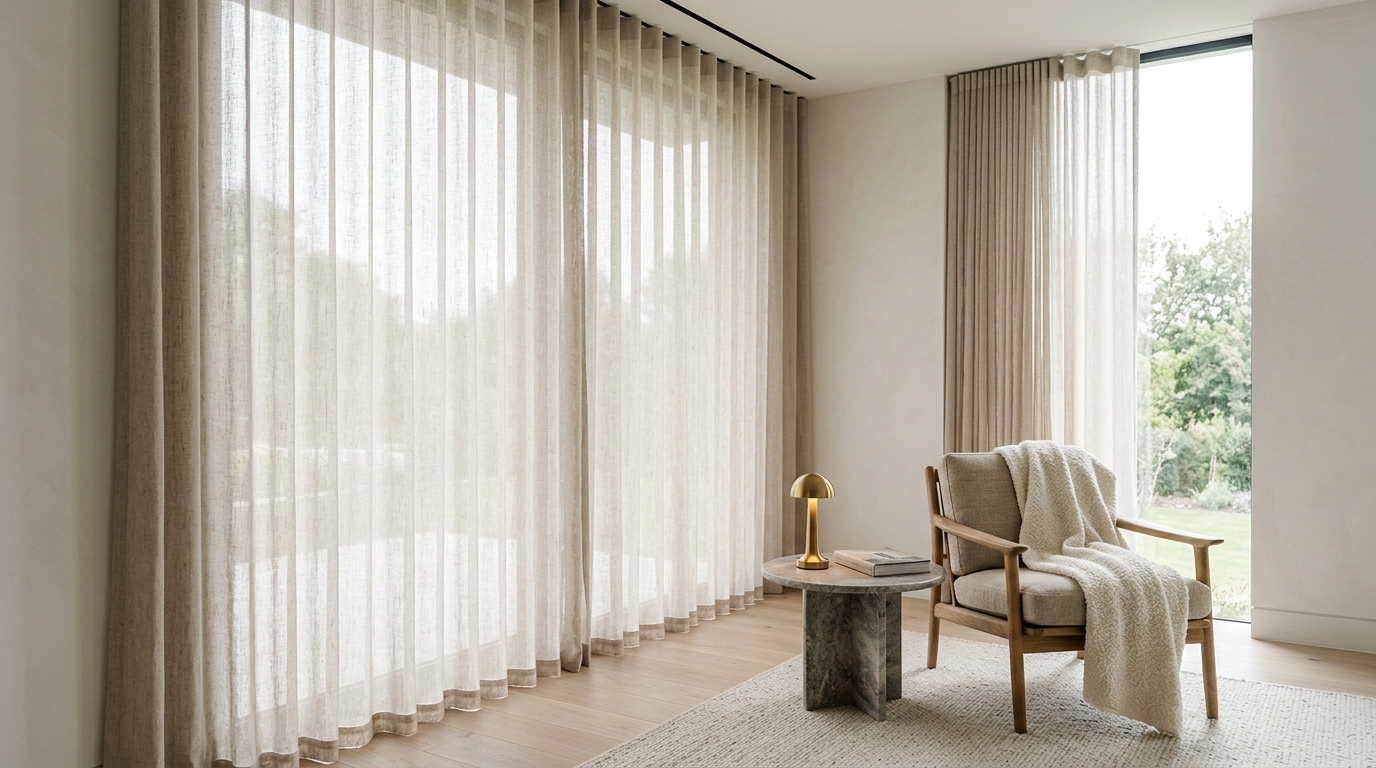 Floor to ceiling ripple fold natural oat linen curtains hung high from ceiling track beside white oak armchair and modern brass cordless lamp