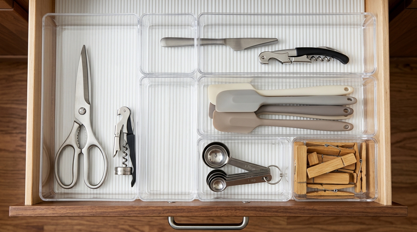 Direct overhead view of kitchen drawer organized with clear acrylic modular interlocking storage bins holding shears peeler spatulas and measuring spoons on ribbed liner
