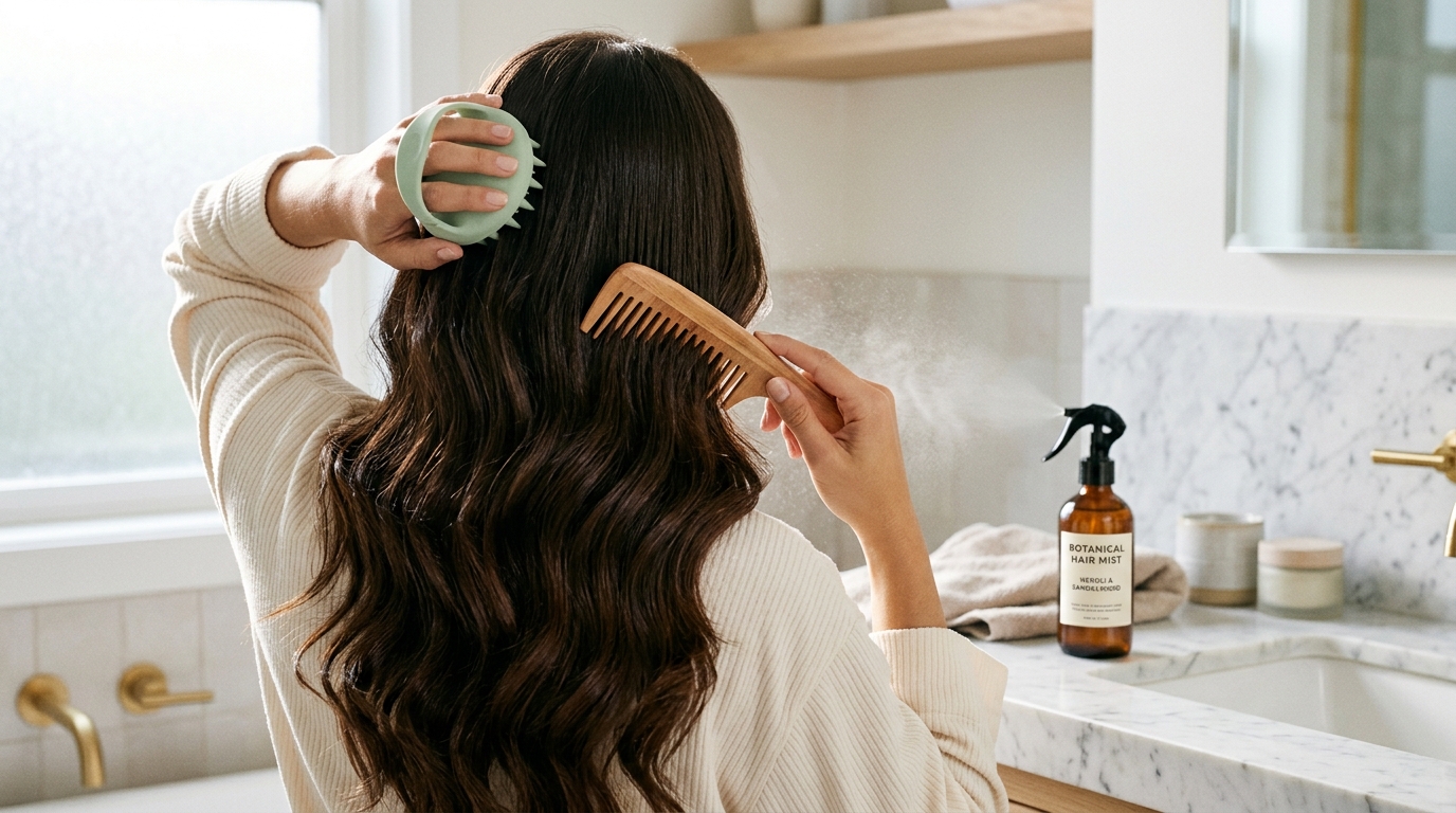 Woman in bright aesthetic bathroom gently massaging scalp with silicone massage brush and wooden comb with amber spray bottle on marble counter
