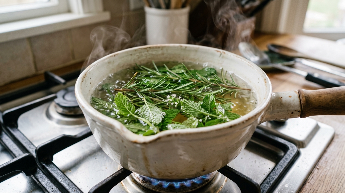 Fresh organic rosemary sprigs and fresh mint leaves gently simmering in clear water inside white ceramic saucepan on kitchen stove