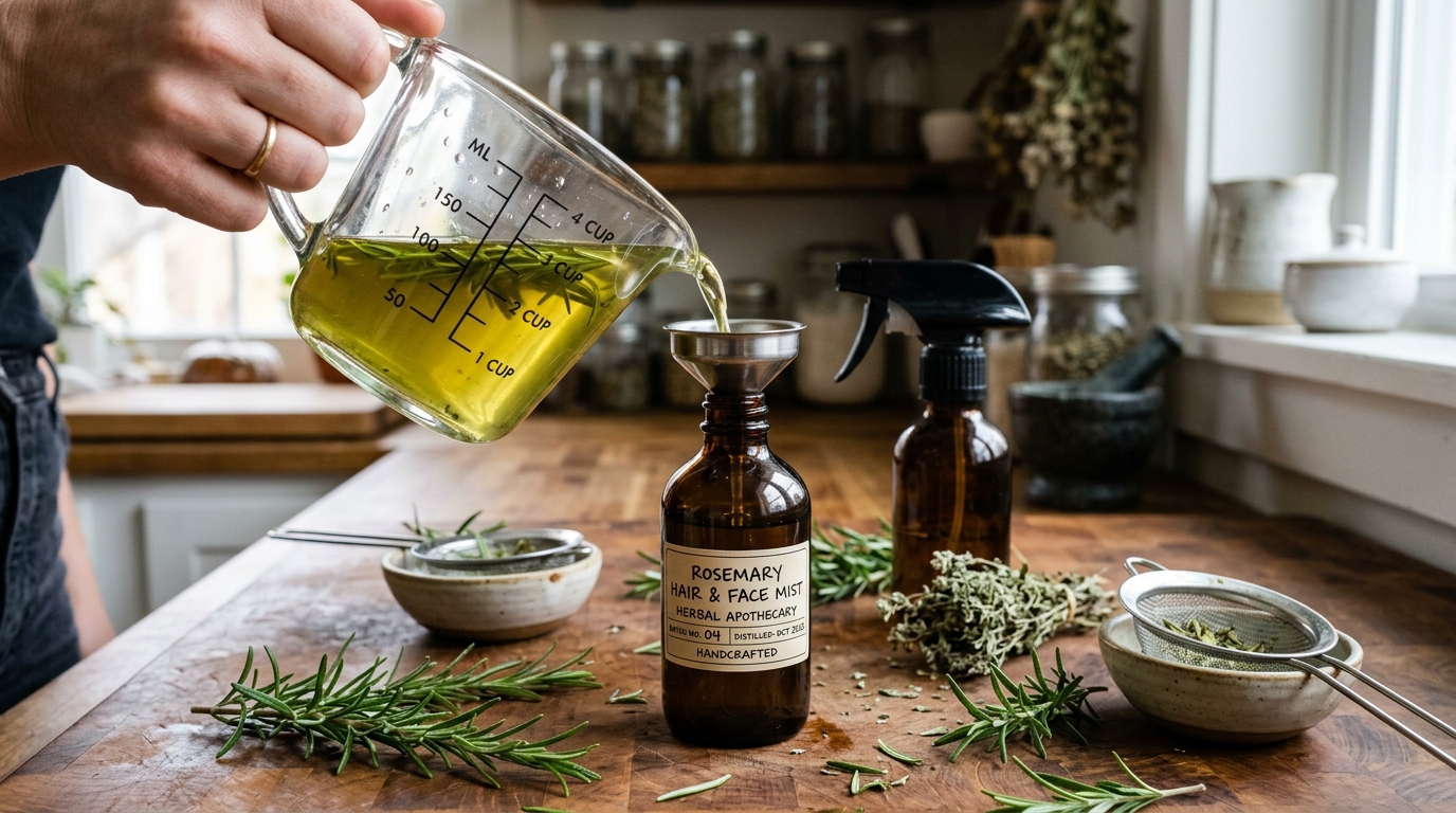 Pouring cooled golden green rosemary herbal water through mini stainless funnel into amber glass spray bottle on wooden kitchen counter