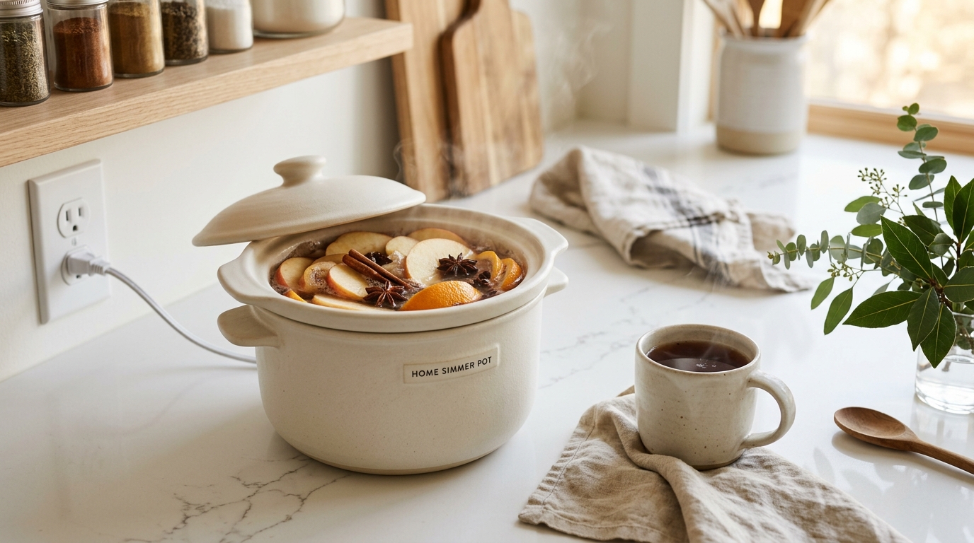 Modern matte ceramic mini slow cooker used as a continuous simmer pot with sliced apples cinnamon quills and orange peel on kitchen counter