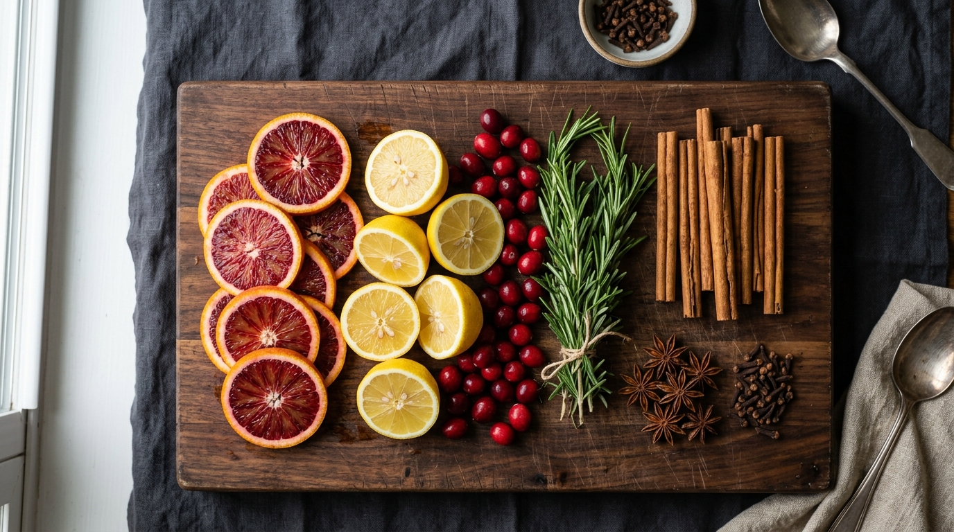 Fresh simmer pot ingredients sliced blood oranges lemons cranberries rosemary cinnamon sticks and star anise arranged on rustic wooden cutting board