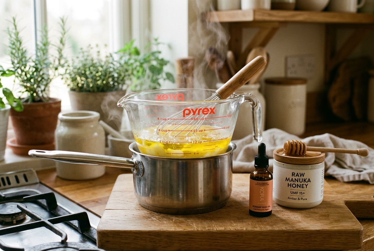 Clear Pyrex glass bowl melting rendered grass-fed tallow and golden jojoba oil over a stainless steel double boiler beside Manuka honey and rosehip seed oil
