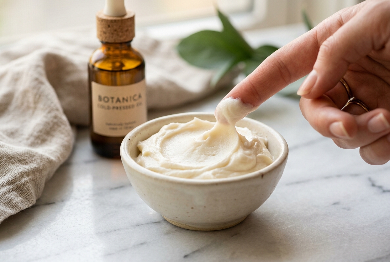 Ceramic bowl filled with freshly whipped ivory face balm with a fingertip testing a velvety melt-on-skin cream swatch beside amber dropper bottle on marble