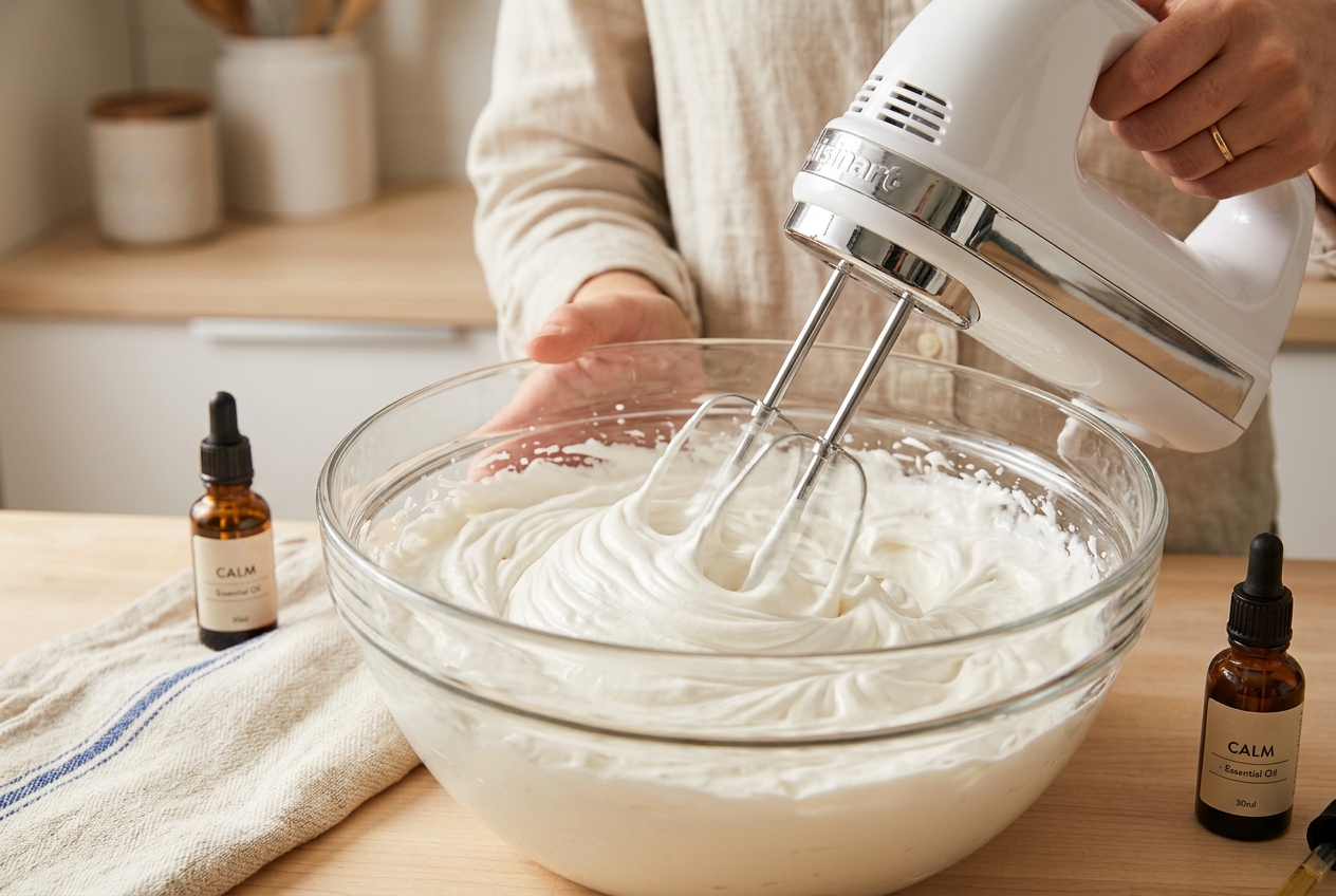 Electric hand mixer whipping light fluffy white magnesium cream peaks in a large clear glass bowl with amber essential oil dropper bottles on linen