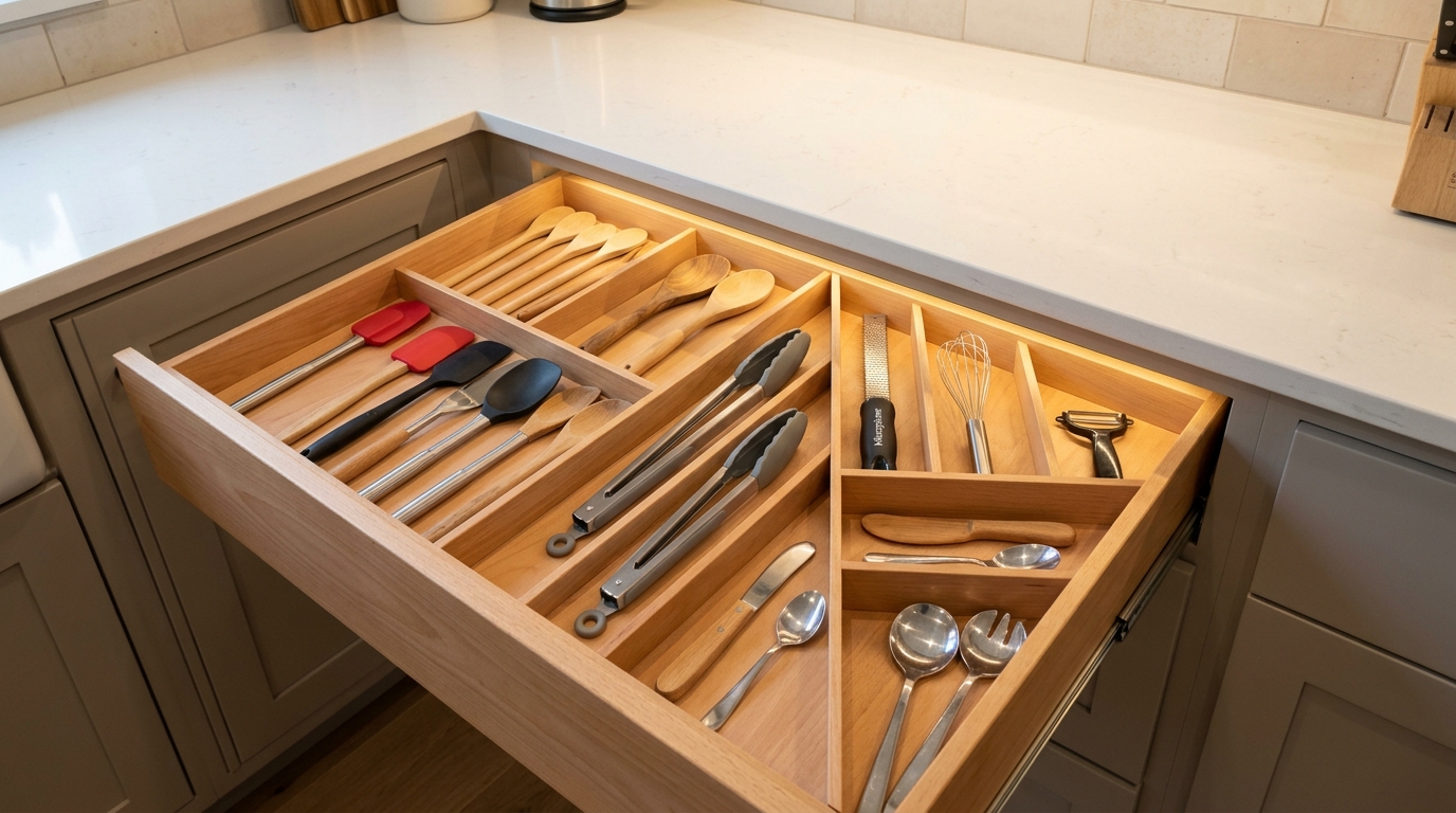 Wide open kitchen drawer with custom wooden diagonal and horizontal dividers holding cooking spatulas tongs spoons and tasting utensils with under cabinet lighting