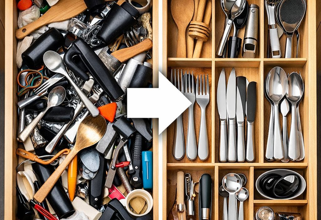 before and after kitchen drawer organization showing cluttered drawer transformed into an organized space