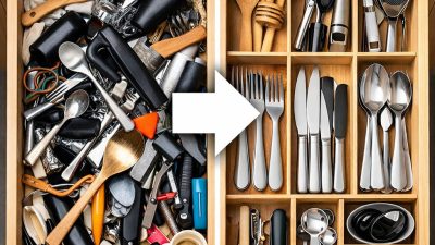 before and after kitchen drawer organization showing cluttered drawer transformed into an organized space
