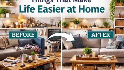 Before and after comparison of a cluttered living room transformed into a clean, organized home space that makes daily life easier