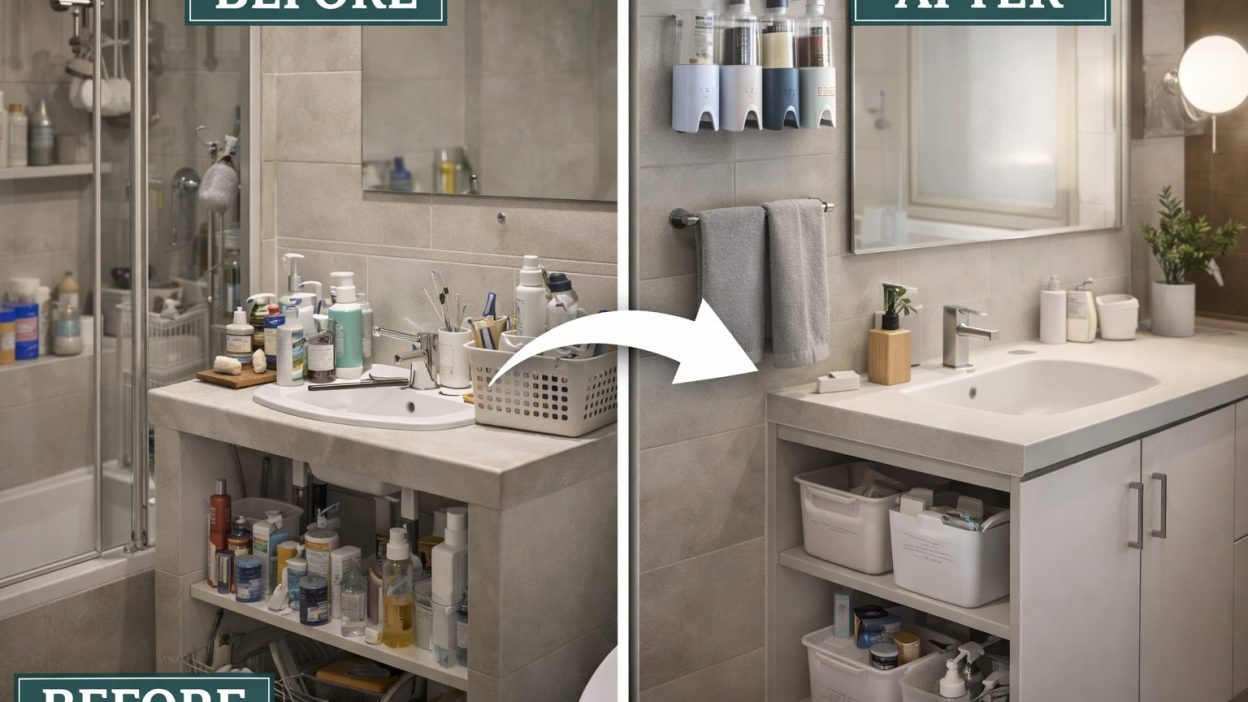 Before and after bathroom organization showing a cluttered bathroom transformed into a clean, functional space with simple DIY storage ideas