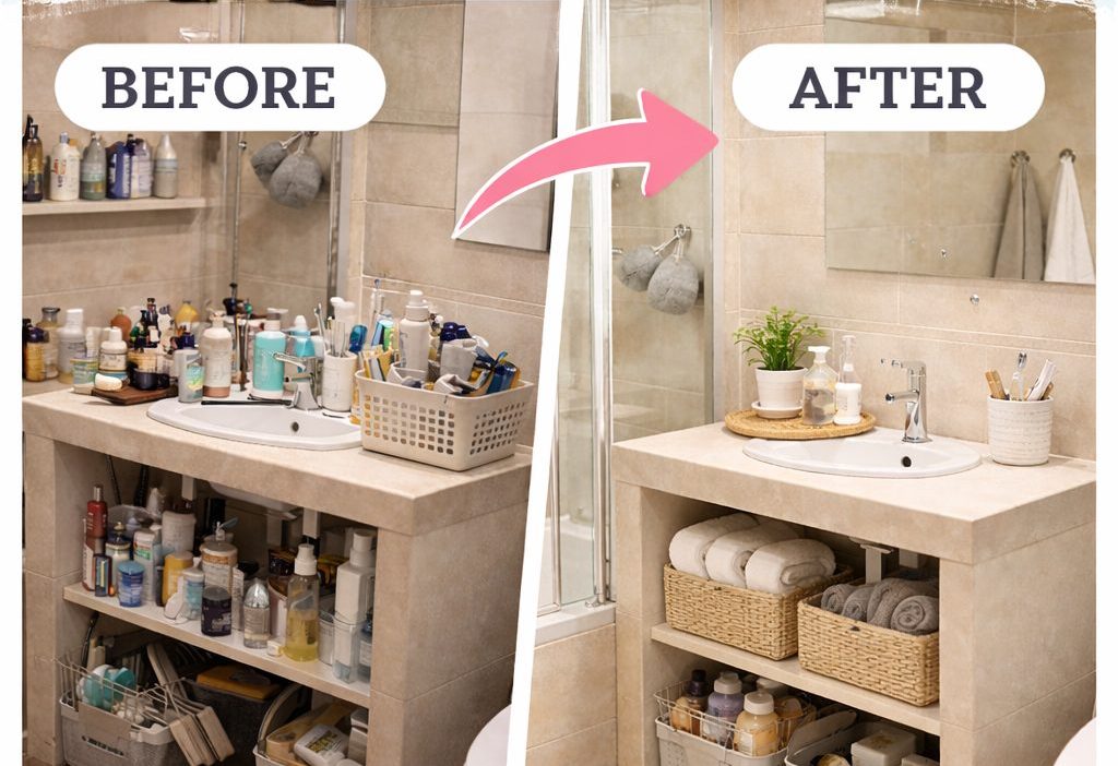 Before and after bathroom transformation showing a realistic 1-day bathroom reset with simple DIY organization ideas