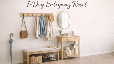 1-day entryway reset showing a clean and organized entryway with bench, coat hooks, and shoe storage that makes life easier at home