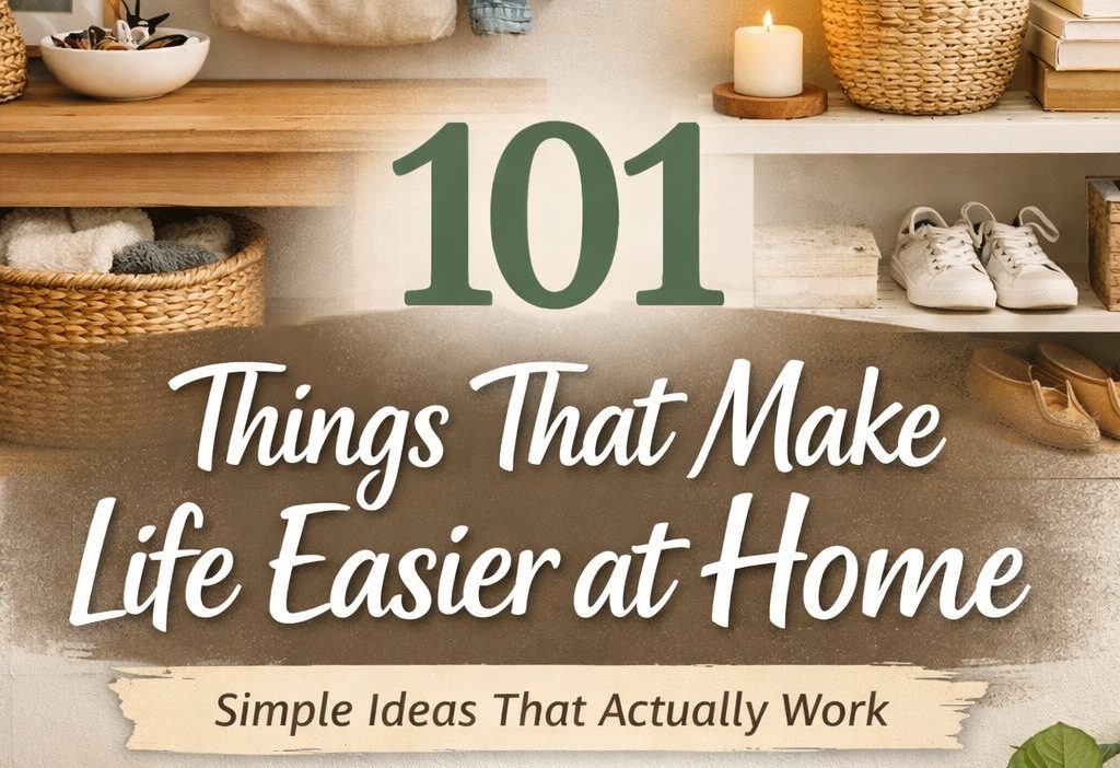 Organized entryway with bench, storage baskets, shoes and wall hooks representing 101 things that make life easier at home