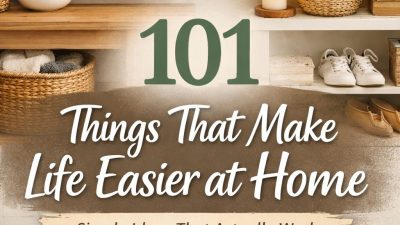 Organized entryway with bench, storage baskets, shoes and wall hooks representing 101 things that make life easier at home